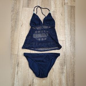 SET OF 2 Ralph Lauren Blue Label Crochet Bikini Swimsuit Navy Blue Size M